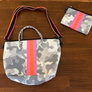 Neoprene gray camouflage with pink and orange stripes medium tote.